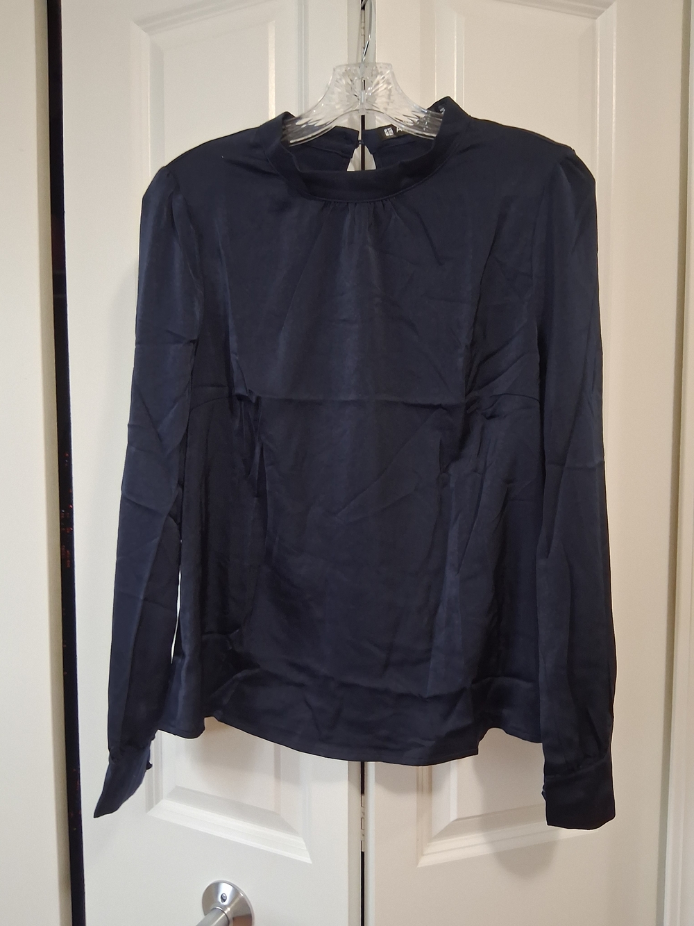 Allegra K Navy Long-Sleeve Mock Neck Blouse
